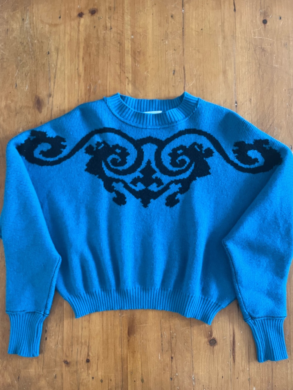 Vintage I Blues Italian Wool Teal with Black Pattern Dolman Drop Sleeve Sweater